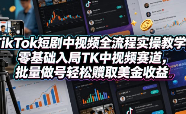 TikTok短剧中视频全流程实操教学,零基础入局TK中视频赛道,批量做号轻松賺取美金收益