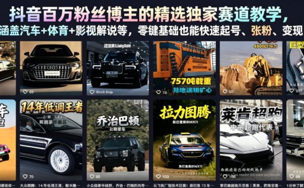 抖音百万粉丝博主的精选独家赛道教学，涵盖汽车+体育+影视解说等，零基础也能快速起号、涨粉、变现