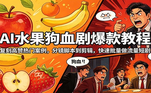AI水果狗血剧爆款教程：复刻高赞热门案例，分镜脚本到剪辑，快速批量做流量短剧