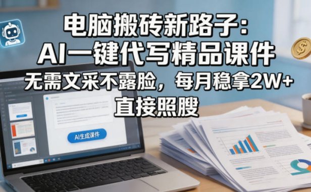电脑搬砖新路子：AI一键代写精品课件，无需文采不露脸，每月稳拿2W+，直接照搬