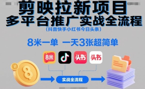 剪映拉新项目多平台推广实战全流程(抖音快手小红书今日头条),8米一单,一天3张超简单