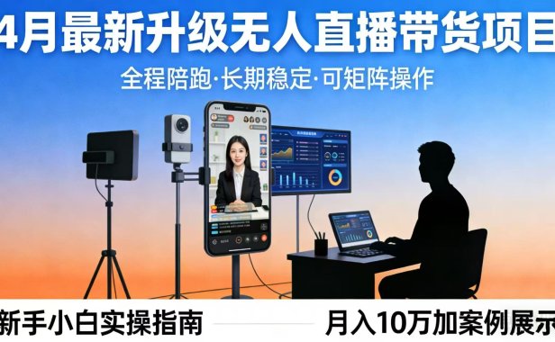 4月最新升级 无人直播 带货 全程陪跑 长期稳定 可矩阵 每天半小时新手小白实操月入 十万