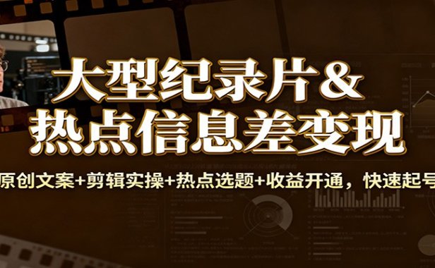 大型纪录片&热点信息差变现：原创文案+剪辑实操+热点选题+收益开通，快速起号