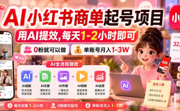 AI小红书商单起号项目，用AI提效,每天1-2小时即可，0粉就可以做，单账号月入1-3W
