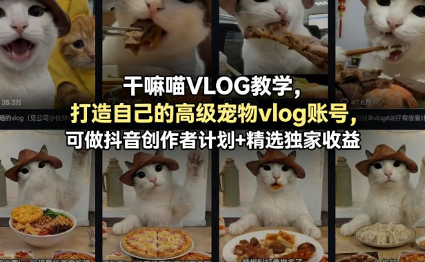 干嘛喵VLOG教学,打造自己的高级宠物vlog账号,可做抖音创作者计划+精选独家收益