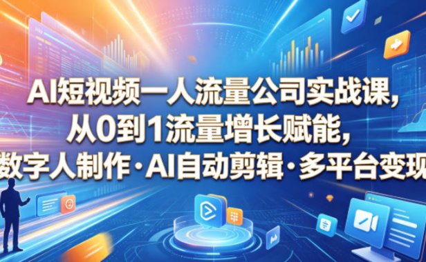 AI短视频一人流量公司实战课,从0到1流量增长赋能,数字人制作・AI自动剪辑・多平台变现,一人做流量生意全落地教程