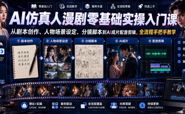 AI仿真人漫剧零基础实操入门课，从剧本创作、人物场景设定、分镜脚本到AI成片配音剪辑，全流程手把手教学