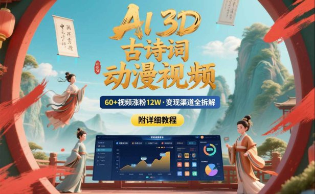 AI制作3D古诗词动漫视频,60多个视频涨粉12W,多个变现渠道拆解【附详细教程】