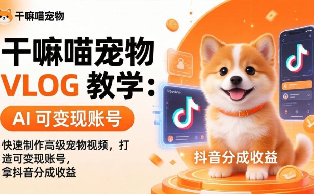 干嘛喵宠物 VLOG 教学：AI 快速制作高级宠物视频，打造可变现账号，拿抖音分成收益