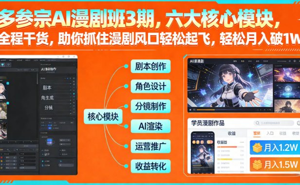 多参宗AI漫剧班3期,六大核心模块,全程干货,助你抓住漫剧风口轻松起飞,轻松月入破1W+