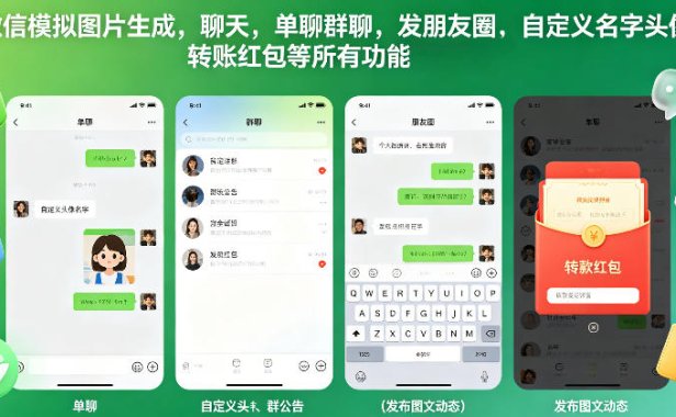 微信模拟图片生成,聊天,单聊群聊,发朋友圈,自定义名字头像,转账红包等所有功能都可以生成