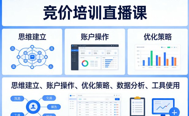 竞价培训直播课,覆盖思维建立、账户操作、优化策略、数据分析、工具使用等,全方位提升效果