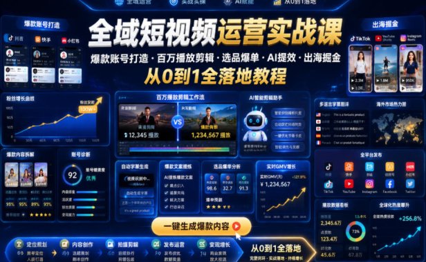 全域短视频运营实战课,爆款账号打造・百万播放剪辑・选品爆单・AI提效・出海掘金,从0到1全落地教程