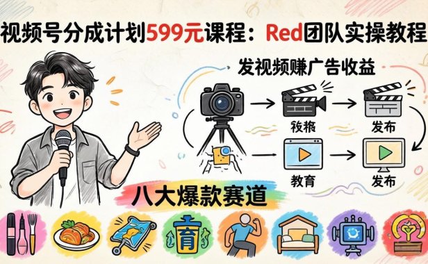 视频号分成计划599元课程：Red团队实操教程，发视频赚广告收益，八大爆款赛道全掌握