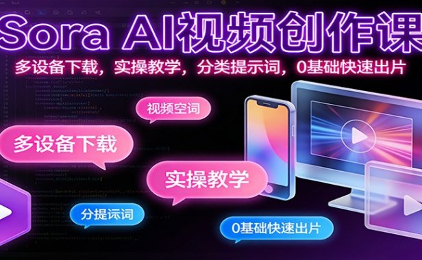 Sora AI视频创作课:多设备下载,实操教学,分类提示词,0基础快速出片