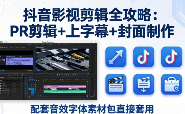 抖音影视剪辑全攻略：PR剪辑+上字幕+封面制作，配套音效字体素材包直接套用