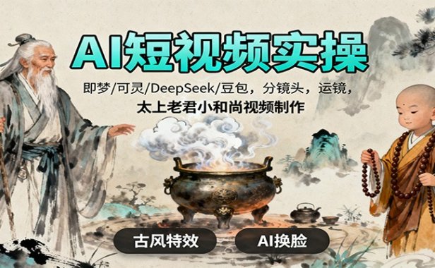 AI短视频实操,即梦/可灵/DeepSeek/豆包,分镜头,运镜,太上老君小和尚视频制作