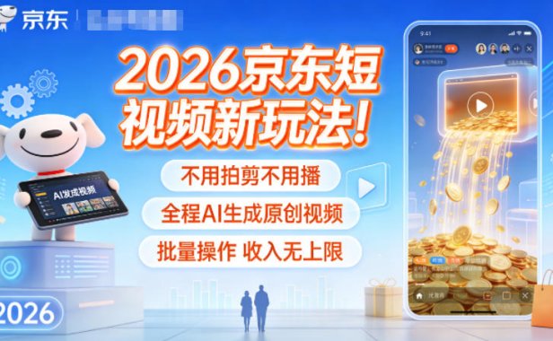 2026京东短视频新玩法！不用拍剪不用播，全程AI生成原创视频，批量操作收入无上限