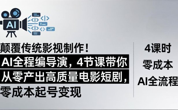 颠覆传统影视制作！AI全程编导演，4节课带你从零产出高质量电影短剧，零成本起号变现