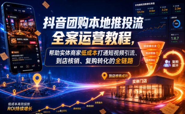 抖音团购本地推投流全案运营教程,帮助实体商家低成本打通短视频引流、到店核销、复购转化的全链路