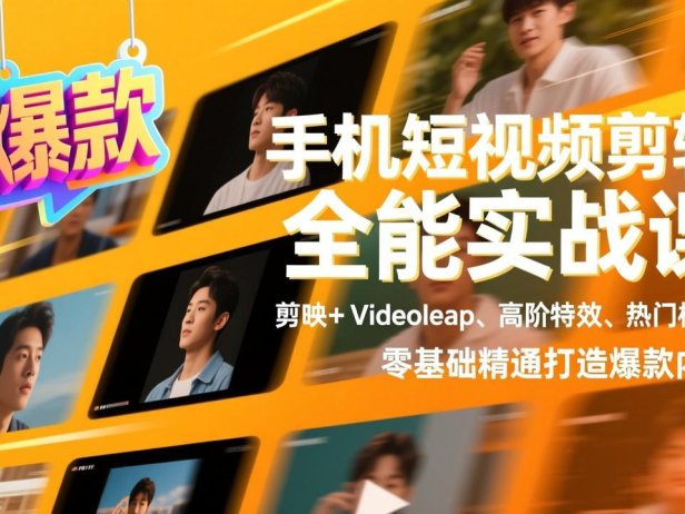 手机短视频剪辑全能实战课，剪映+Videoleap、高阶特效、热门模板，零基础精通打造爆款内容