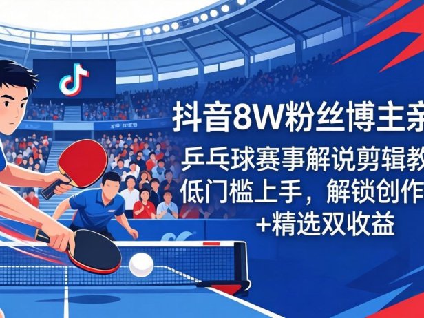 抖音8W粉丝博主亲授:乒乓球赛事解说剪辑教学,低门槛上手,解锁创作伙伴+精选双收益